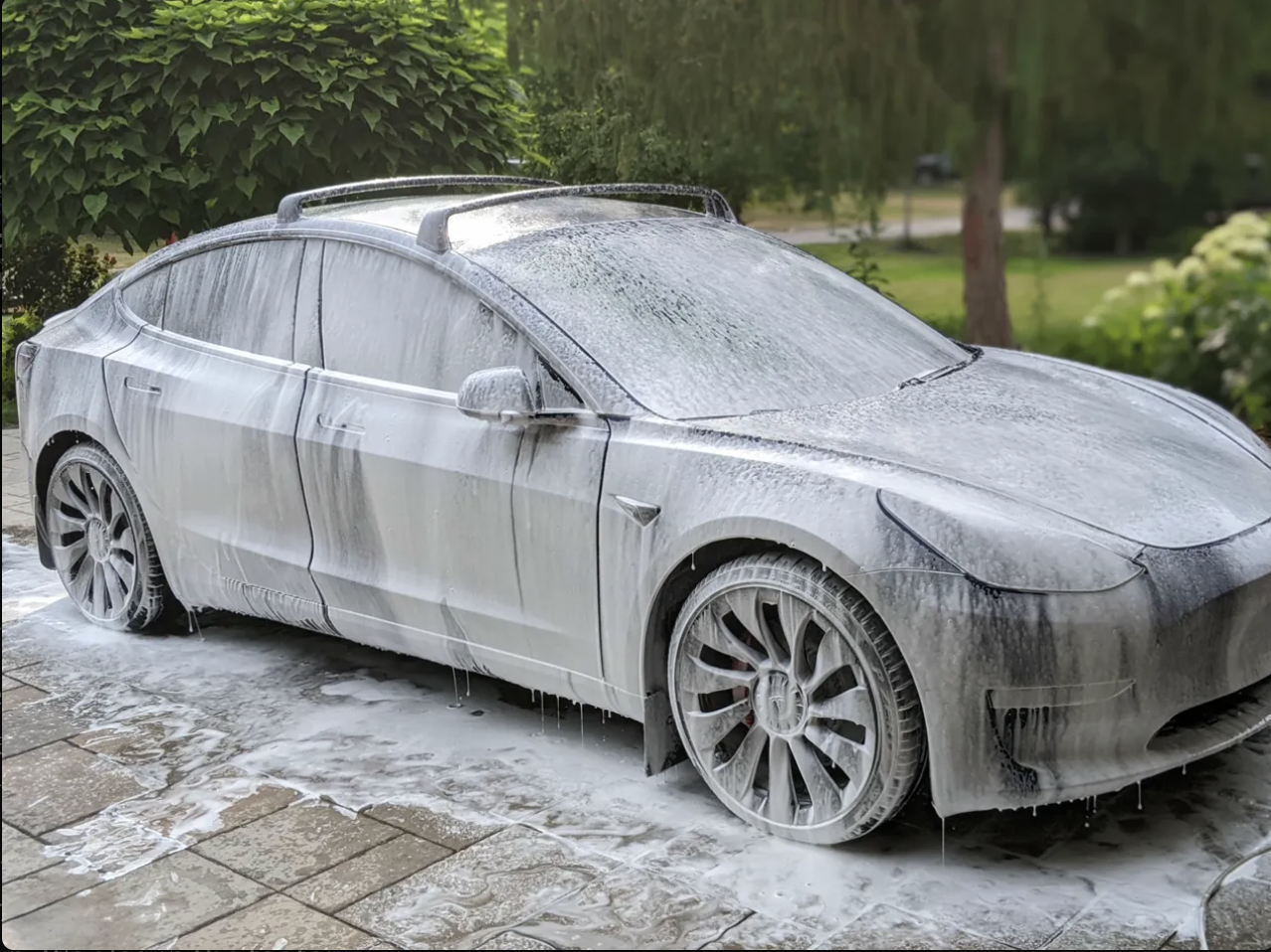Tesla covered in thick foam during a hand wash